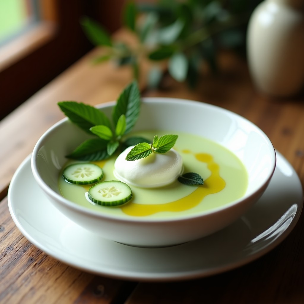 Cuenco blanco con sopa fría de pepino y mentira, coronada por una bola de helado de yogur griego. Decorada con rodajas de pepino, hojas de hierbabuena fresca y un hilo de aceite de oliva virgen extra. Plato servido sobre una mesa rústica con luz natural, evocando frescura y elegancia griega.