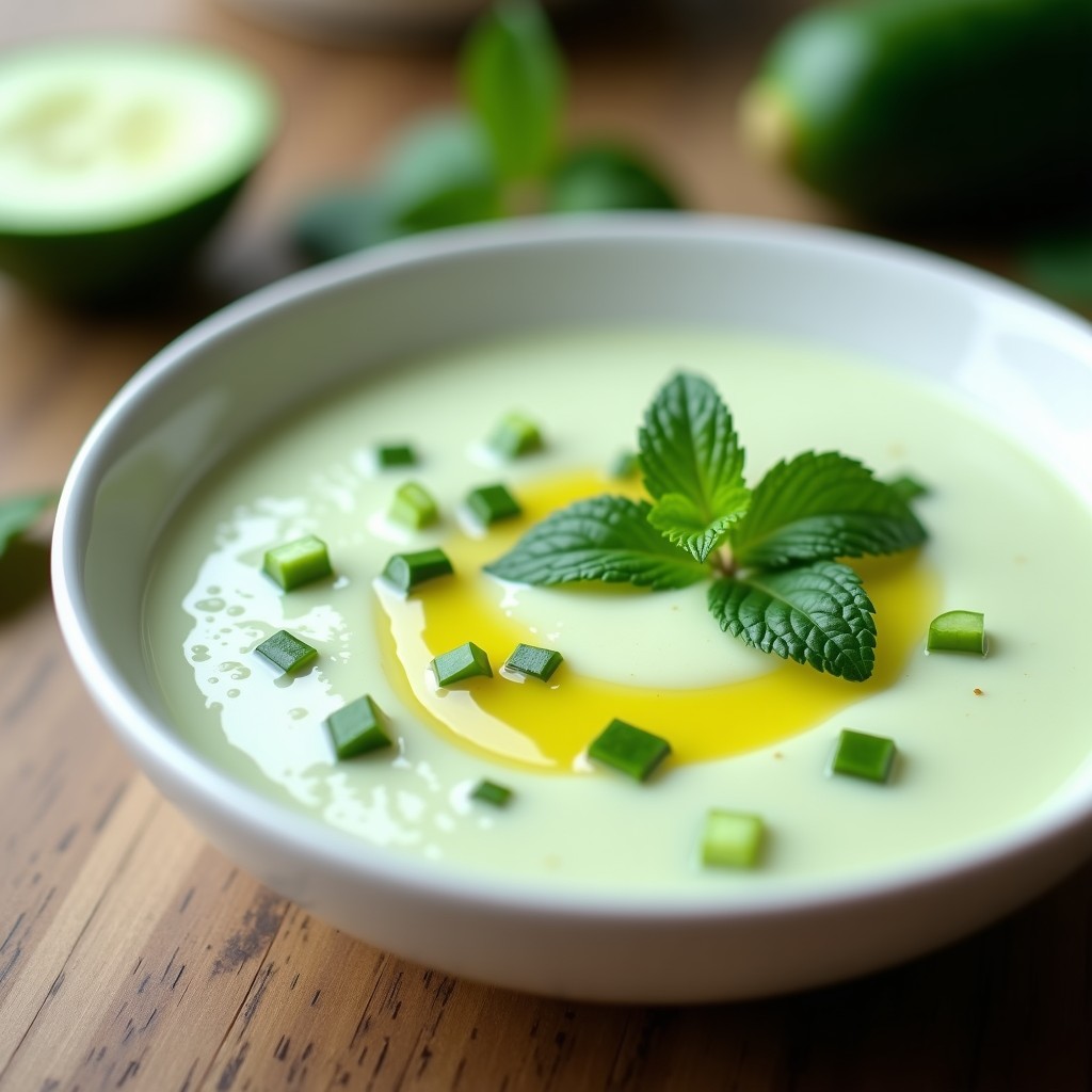 Cuenco blanco con sopa fría de pepino y yogur griego, decorada con cubitos de pepino, hojas de menta y un hilo de aceite de oliva virgen extra sobre fondo rústico.