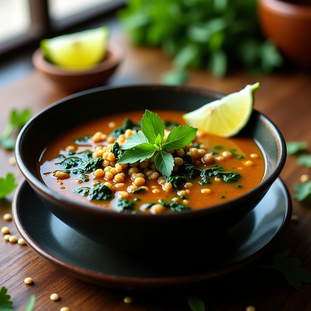 Tazón de cerámica oscuro con sopa peruana de quinoa y espinacas ahumadas, decorada con cilantro fresco y rodajas de limón, sobre fondo rústico.