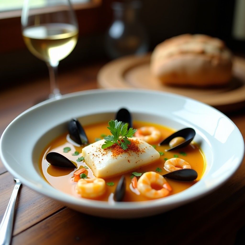 Cuenco hondo de cerámica blanca con sopa de pescado vasca, caldo dorado por el azafrán, trozos de merluza, gambas y mejillones, decorado con perifollo fresco y hebras de azafrán, sobre fondo rústico de madera.