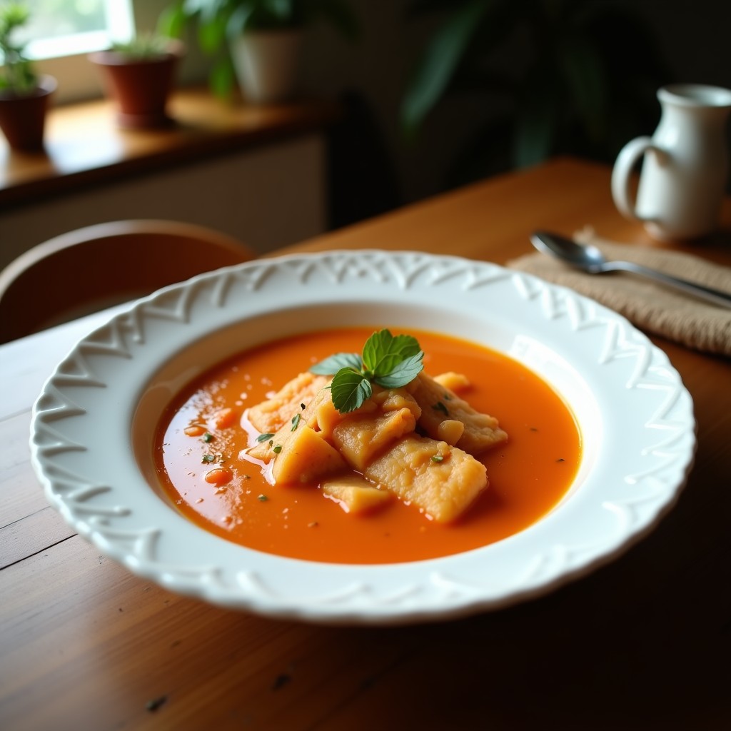 Cazuela de barro humeante con sopa de pescado con azafrán, trozos de merluza y gambas, decorada con perejil fresco y hebras de azafrán visibles, sobre fondo rústico de madera.