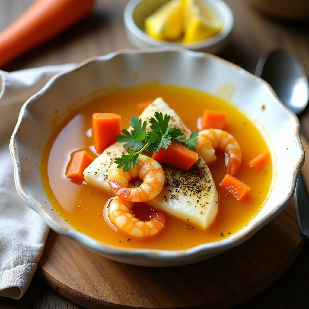 Plato hondo de cerámica blanca con sopa de pescado al azafrán, filetes de merluza, gambas y verduras en caldo dorado, decorado con perejil fresco.