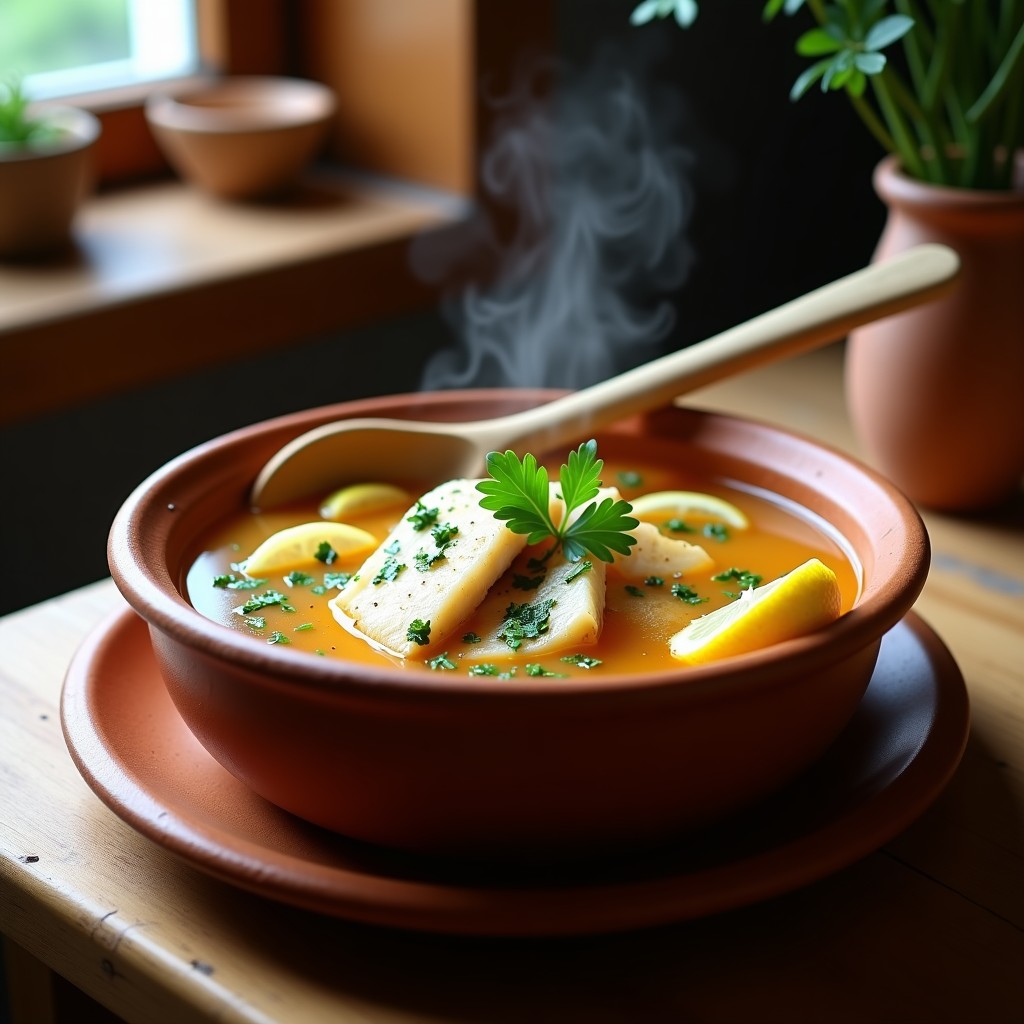 Cazuela de barro humeante con sopa de pescado blanco, filetes de merluza, ajo, perejil fresco y rodajas de limón, receta rápida y alta en proteína.