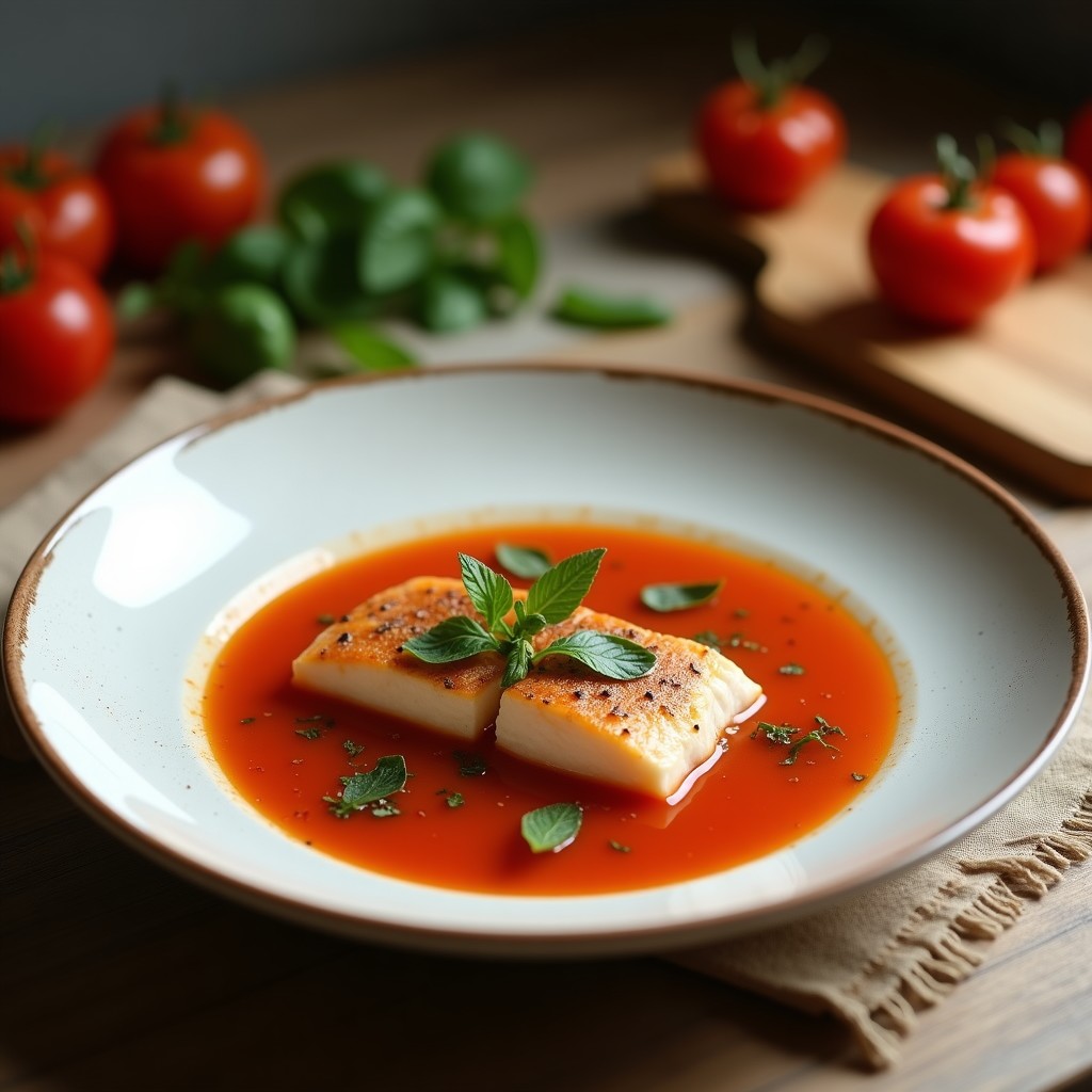 Cazuela de barro humeante con sopa de pescado bonito y tomate, trozos de bonito blanco, rodajas de tomate rojo y hierbas verdes, acompañada de pan rústico tostado.