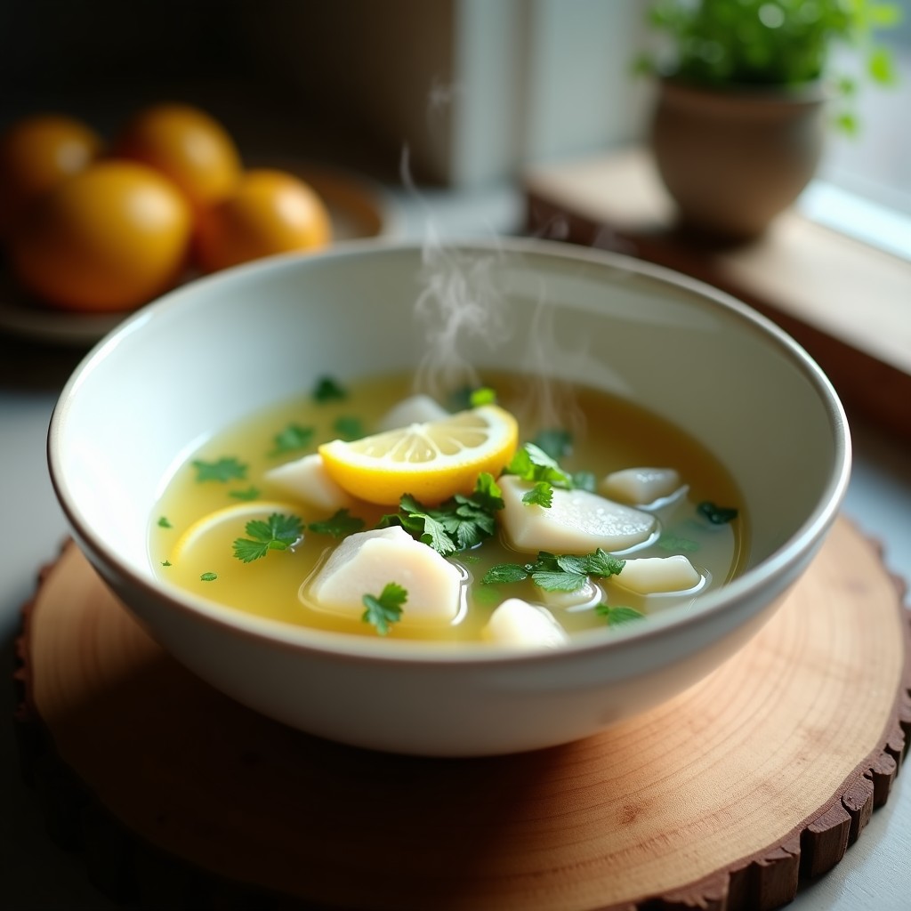 Cuenco de cerámica blanca con sopa de pescado humeante, trozos de merluza, cilantro fresco picado y rodajas de limón, sobre fondo rústico de madera.