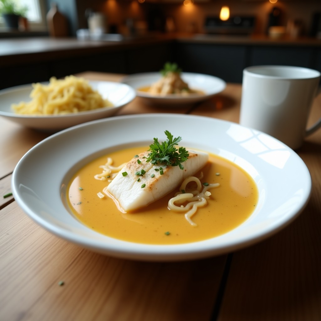 Cuenco hondo de cerámica blanca con sopa de pescado cremosa, trozos de merluza, camarones y decoración de cilantro fresco, servida con rodaja de limón al lado. Receta de sopa de pescado con leche de coco y leche de tigre.