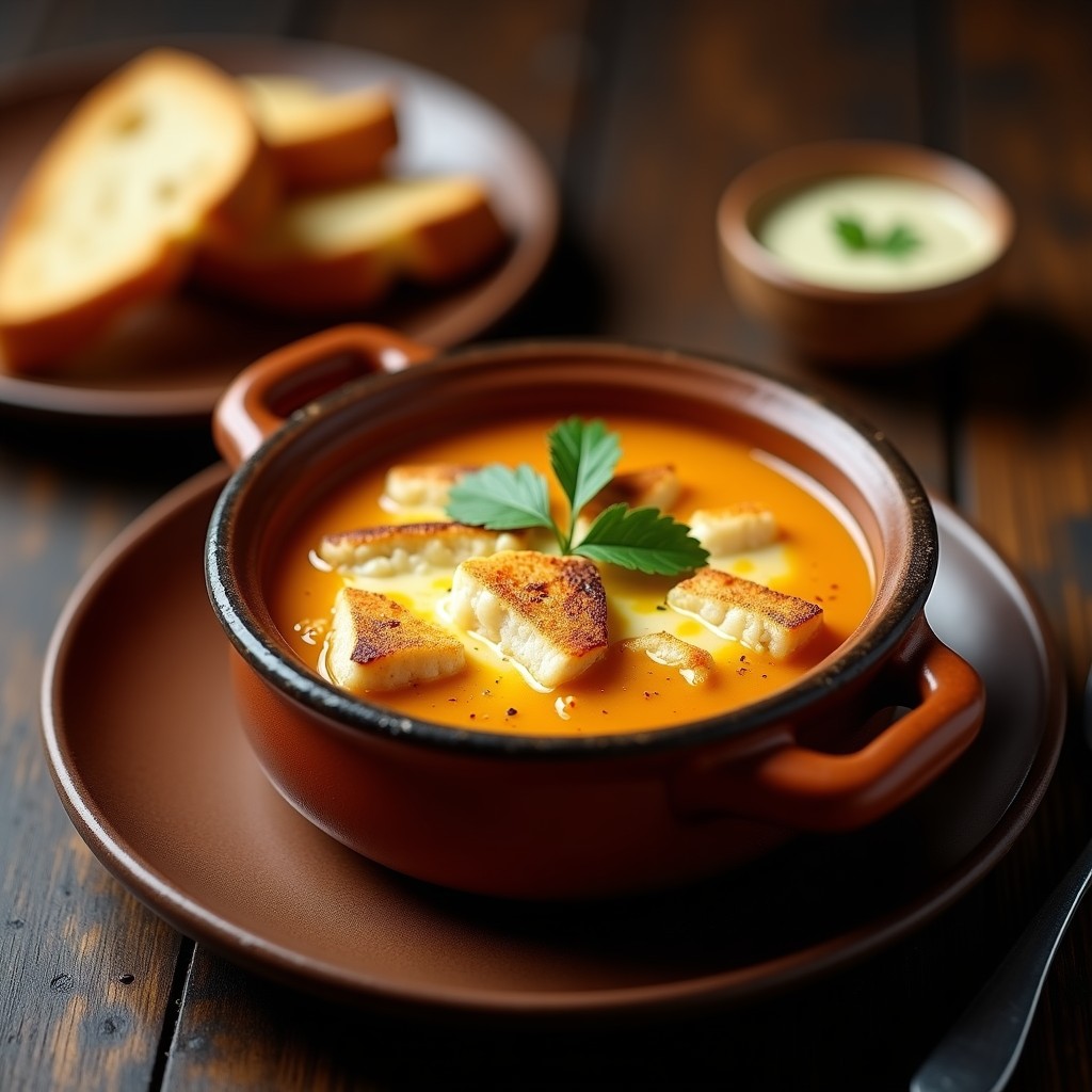 Cazuela de barro con sopa de pescado uruguaya a la fugazzeta, espesa y dorada con queso mozzarella gratinado, hierbas frescas y trozos de merluza, servida con pan tostado.