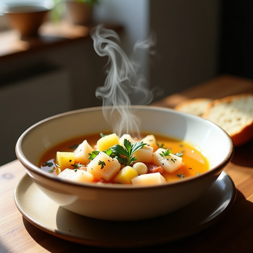 Cuenco hondo de cerámica blanca con sopa de pescado gallega humeante, trozos de merluza, gambas y patatas, decorado con perejil fresco. Receta tradicional en airfryer.