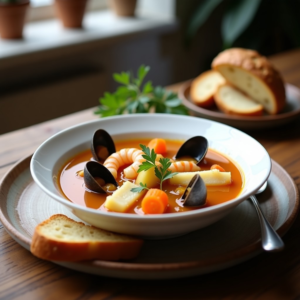 Cuenco hondo de cerámica blanca con sopa de pescado gallego humeante, trozos de merluza, gambas y almejas, rodeado de pan rústico, receta airfryer.