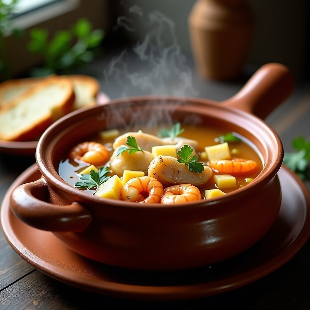 Olla de barro humeante con sopa de pescado gallego tradicional, llena de trozos de merluza, rape, calamar y gambas, rodeada de patatas y espolvoreada con perejil fresco.