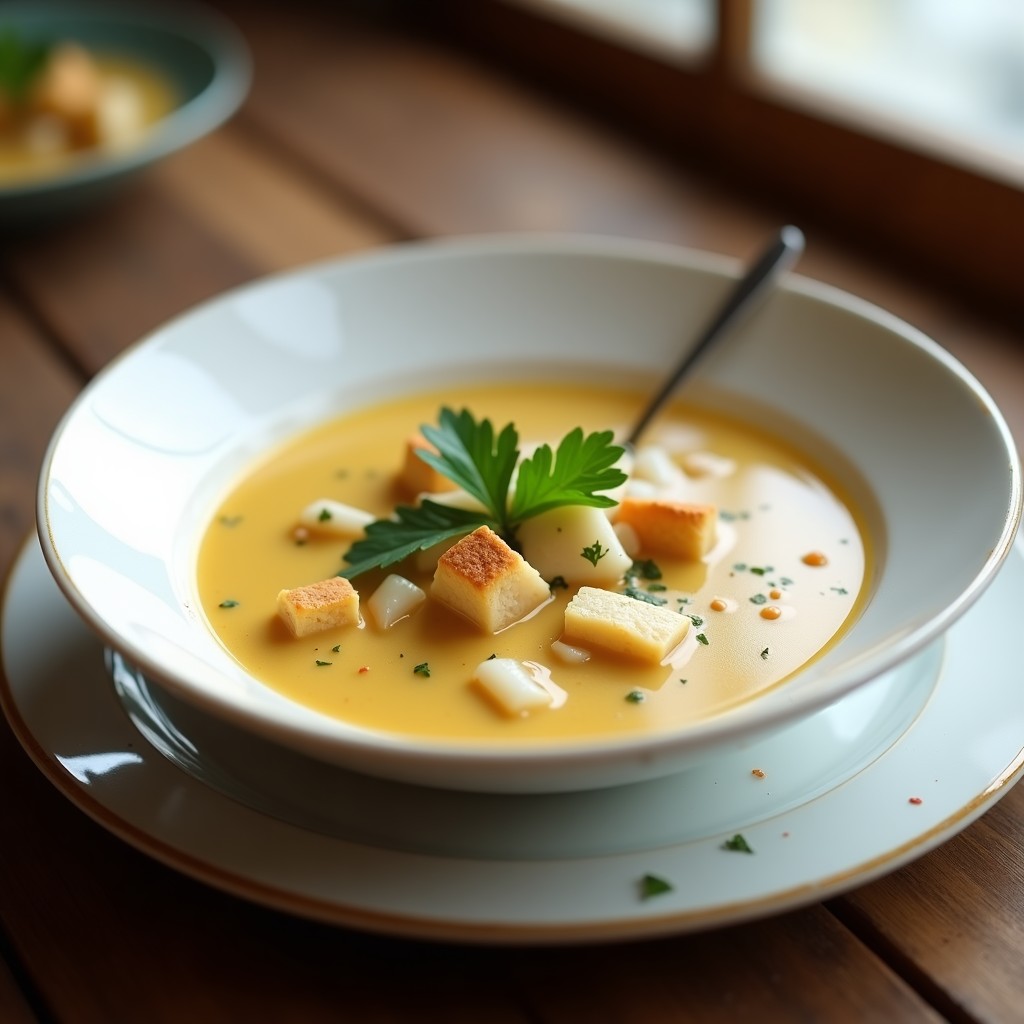 Cuenco blanco hondo con sopa de pescado cremosa, trozos de merluza y migas de galleta María, decorado con perejil fresco. Plato tradicional español en Thermomix.