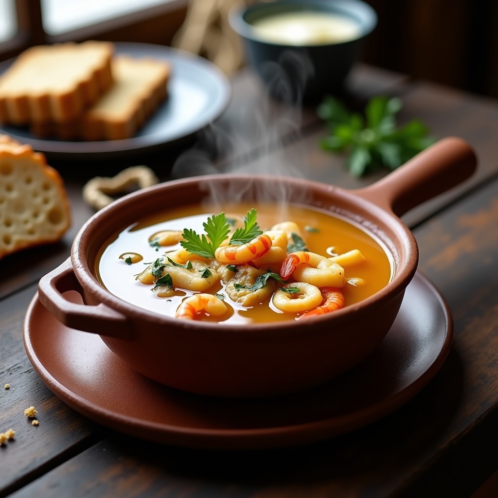 Olla de barro humeante con sopa de pescado a la galleta marinera, trozos de merluza, calamares y gambas en un caldo espeso, espolvoreado con perejil fresco y acompañado de rebanadas de pan rústico.