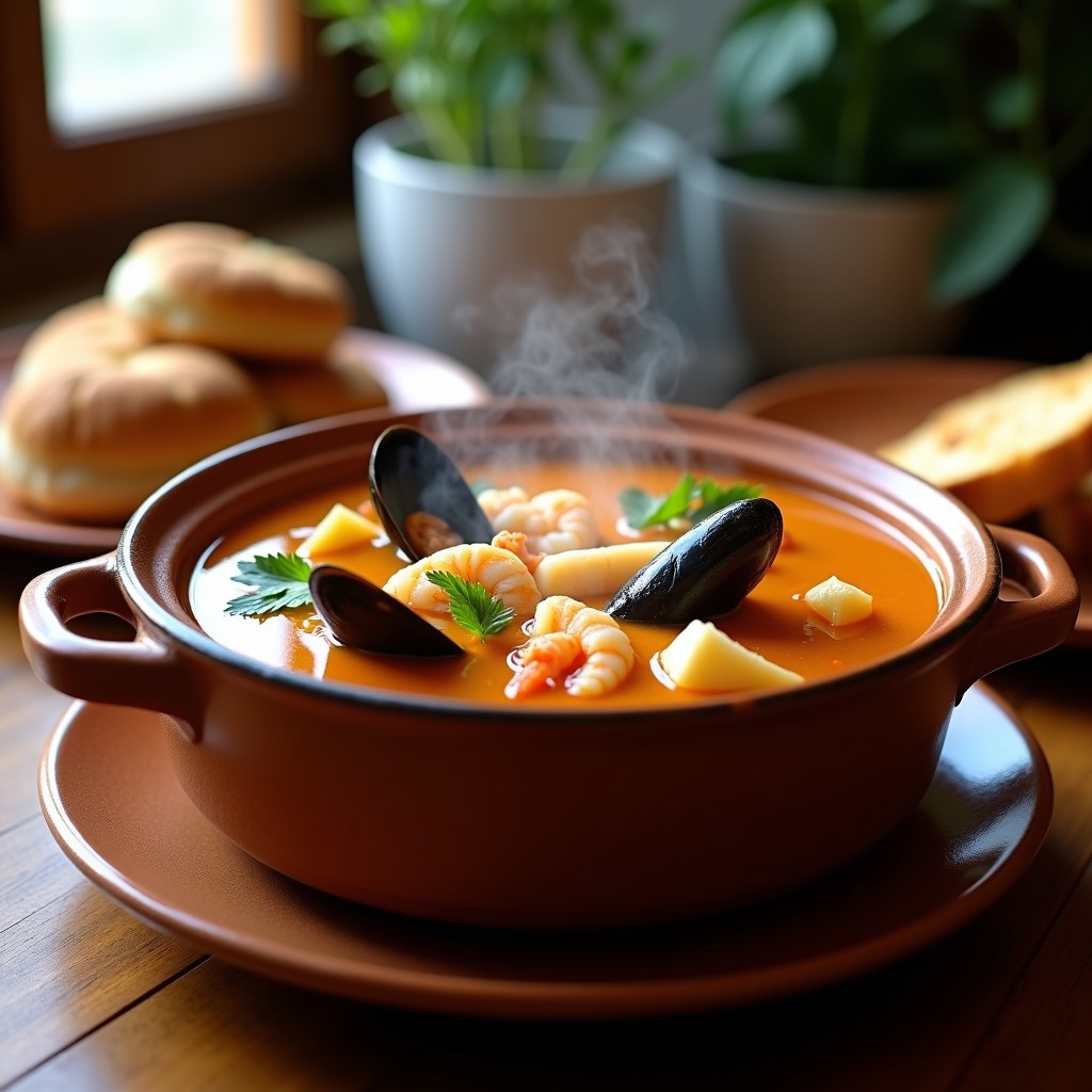Olla humeante de sopa de pescado y marisco andaluza con trozos de rape, merluza, gambas y mejillones, decorada con perejil fresco y rodajas de limón.
