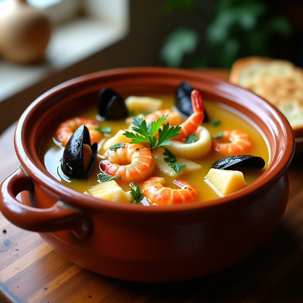 Cazuela de barro humeante con sopa de pescado y marisco, trozos de merluza, gambas, mejillones y calamares en un caldo dorado con perejil fresco.