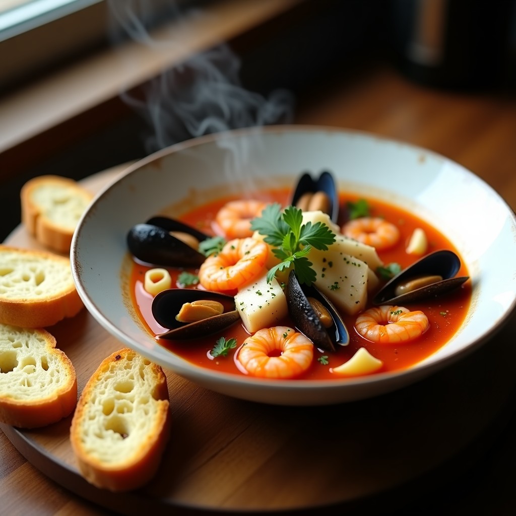 Plato hondo de cerámica blanca con sopa de pescado y marisco humeante, trozos de merluza, gambas, mejillones y calamares, acompañada de tostadas de ajo doradas. Receta costera tradicional.