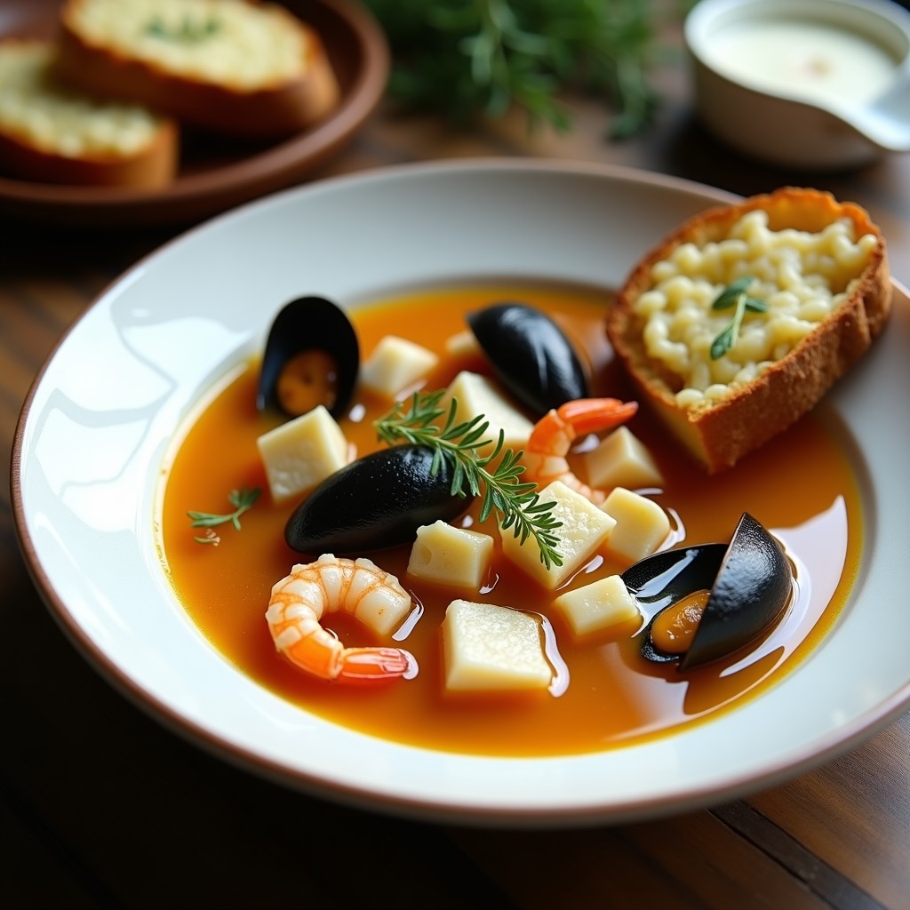 Cenco hondo de cerámica blanca con sopa de pescado a la marsellesa humeante, trozos de merluza, gambas y mejillones, acompañada de rebanadas de pan tostado con queso gruyère gratinado y hierbas provenzales espolvoreadas.