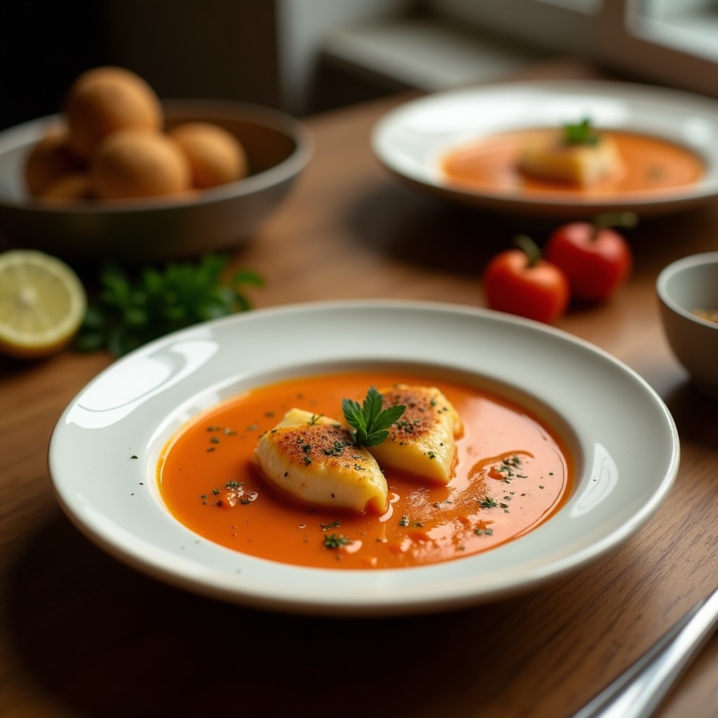 Cuenco de sopa de pescado murciana humeante con filetes de pescado blanco, ajos dorados, perejil fresco y un huevo escalfado, servido sobre una mesa rústica de madera.