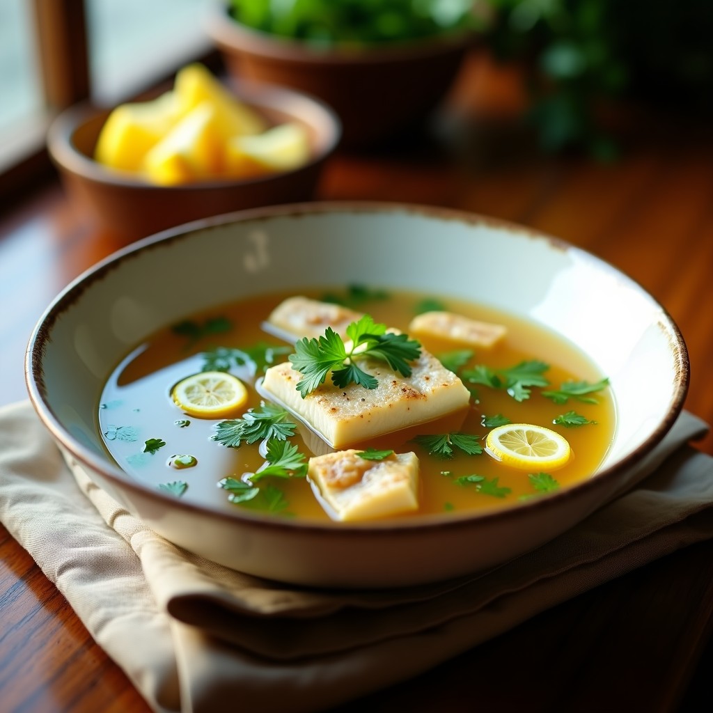 Plato hondo de cerámica blanca con sopa de rockfish humeante, trozos de pescado blanco, cilantro fresco picado y rodajas de limón flotando en un caldo dorado y aromático.
