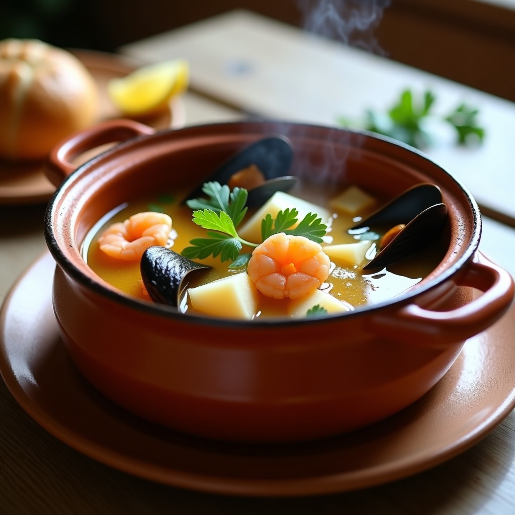 Cazuela de barro humeante con sopa de pescado y marisco, trozos de merluza, gambas rosadas y mejillones abiertos, decorada con perejil fresco y rodajas de limón, receta rápida Thermomix.