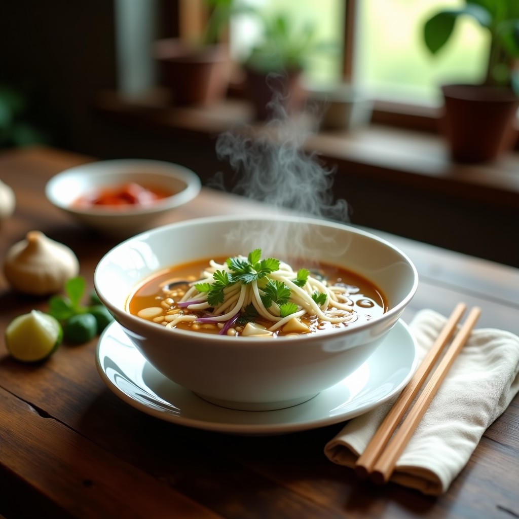 Cuenco hondo de cerámica negra con sopa de phở vegana: caldo dorado y humeante con fideos de arroz, láminas de hongos shiitake, brotes de soja, cilantro fresco, rodajas de limón y chile rojo. Fondos de especias tostadas y aceite de sésamo brillando en la superficie. Receta vietnamita sin gluten en olla lenta.
