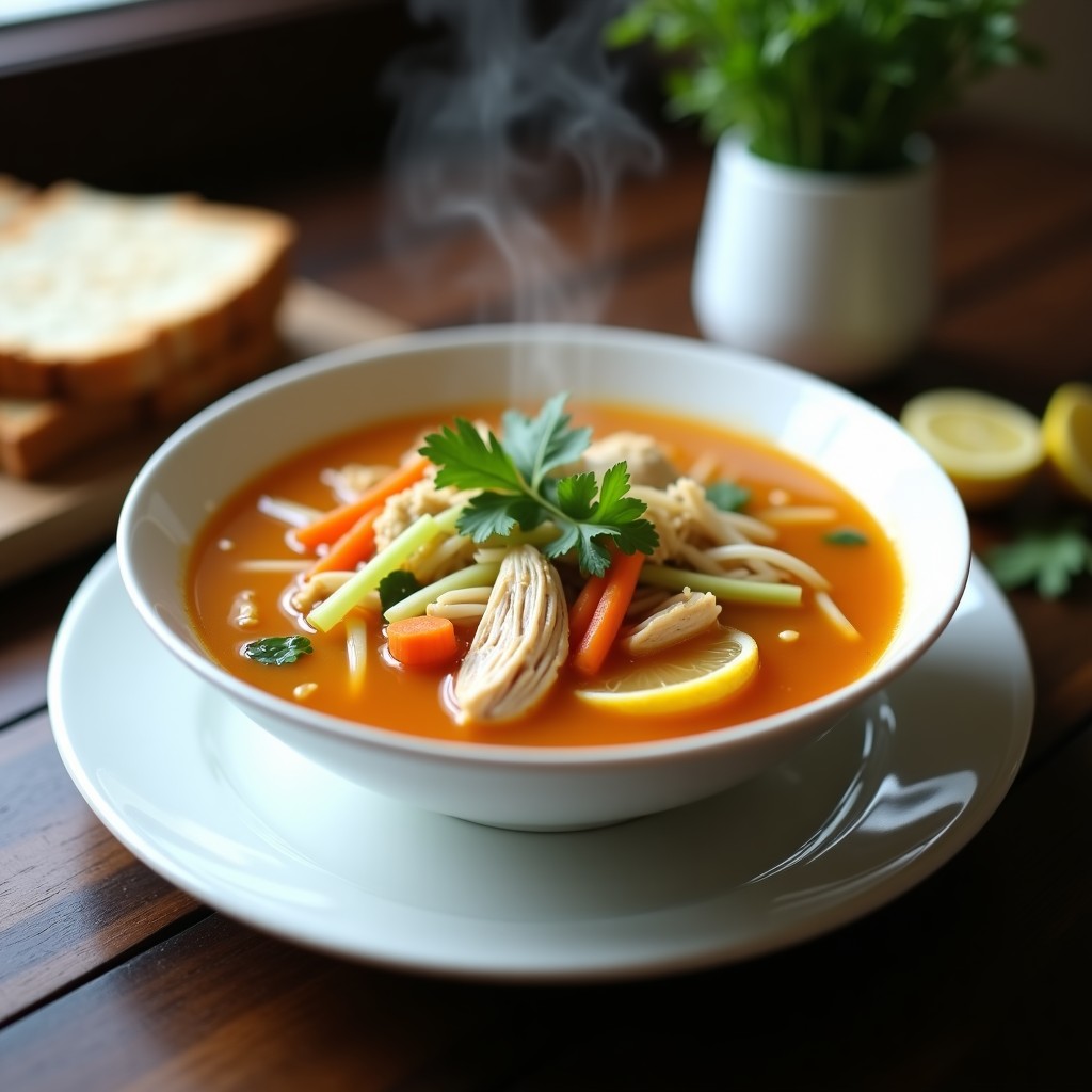 Tazón de sopa de pollo con jengibre humeante, fideos de arroz, trozos de pollo desmenuzado y cilantro fresco, servido en un bol blanco sobre fondo de madera oscura.