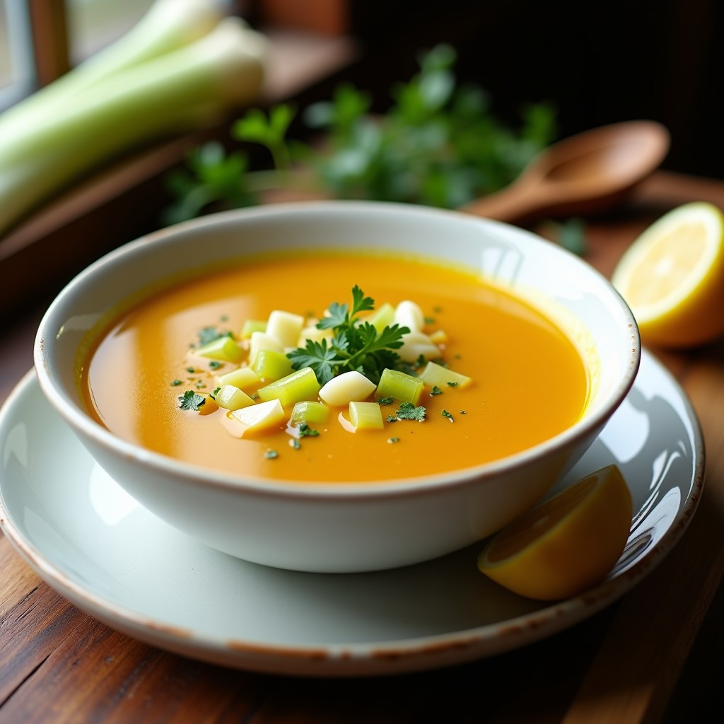 Cuenco de cerámica blanca con sopa cremosa de color dorado, decorada con perejil fresco y un chorrito de limón. Al fondo, puerros y apio crudos sobre una tabla de madera. Receta detox de sopa de puerro y apio con cúrcuma en olla express.