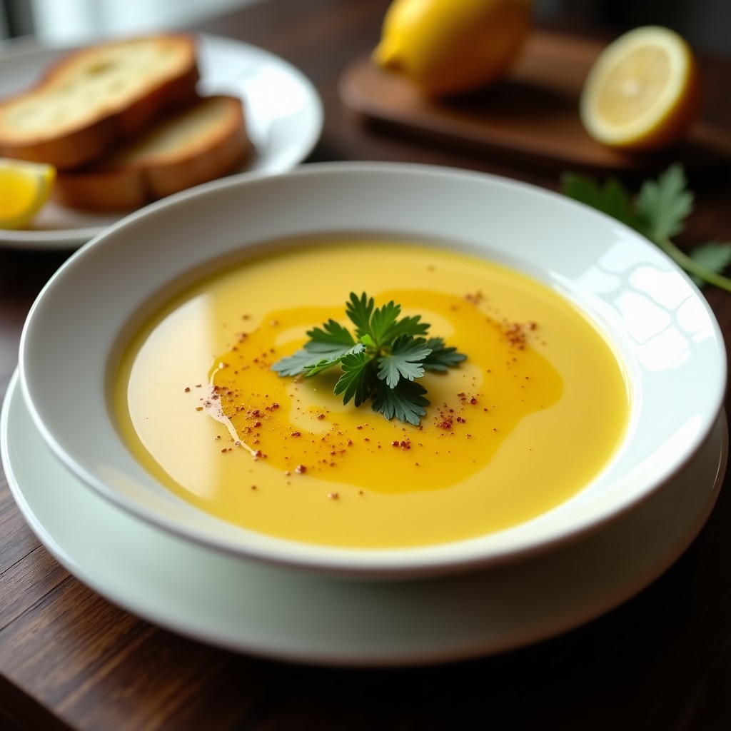 Cuenco de cerámica blanca con sopa de puerro y patata con azafrán, color dorado intenso, decorada con perejil fresco, hilo de aceite de oliva y rodajas de limón. Fondo rústico de madera oscura con pan tostado al lado.