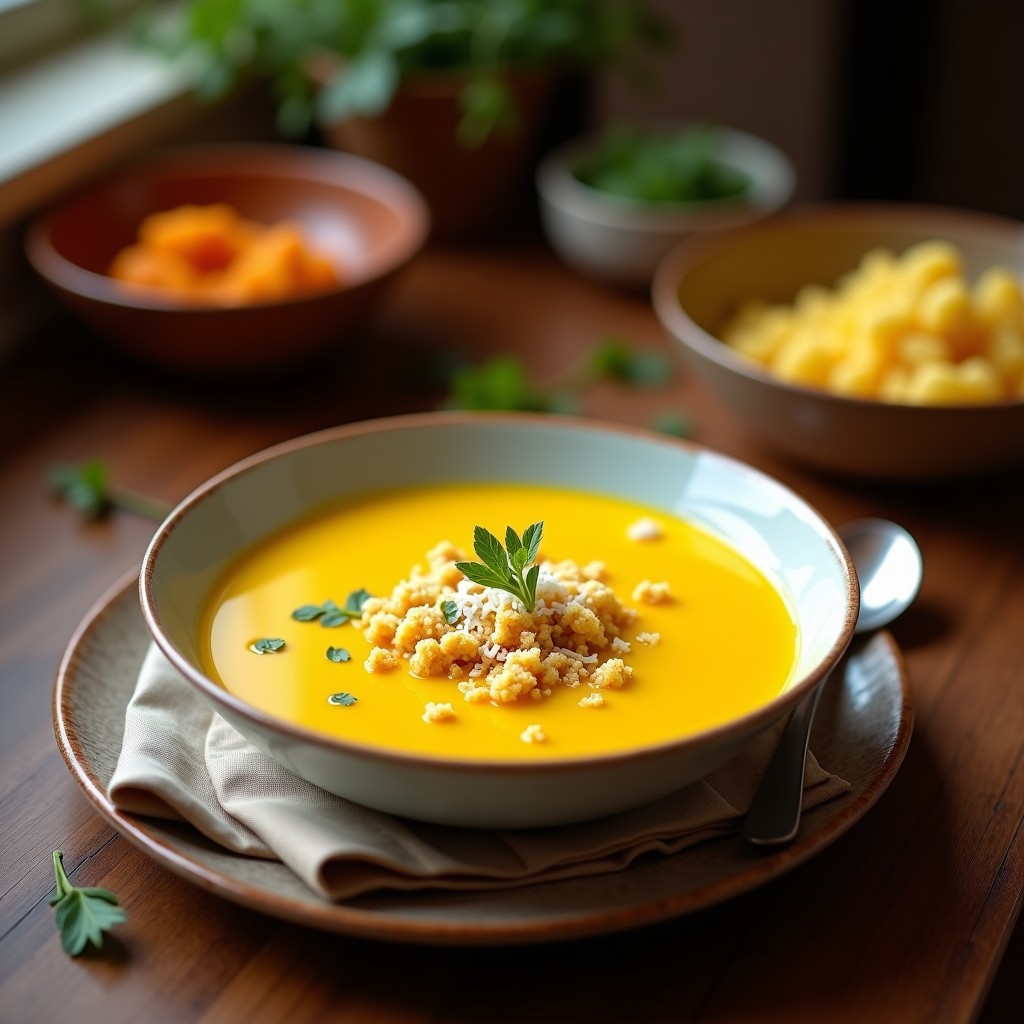 Cuenco hondo de cerámica blanca con sopa cremosa de puerros y cúrcuma, coronada con un crumble dorado de coco y almendras. Decorada con hojas de cilantro fresco sobre fondo rústico de madera clara.