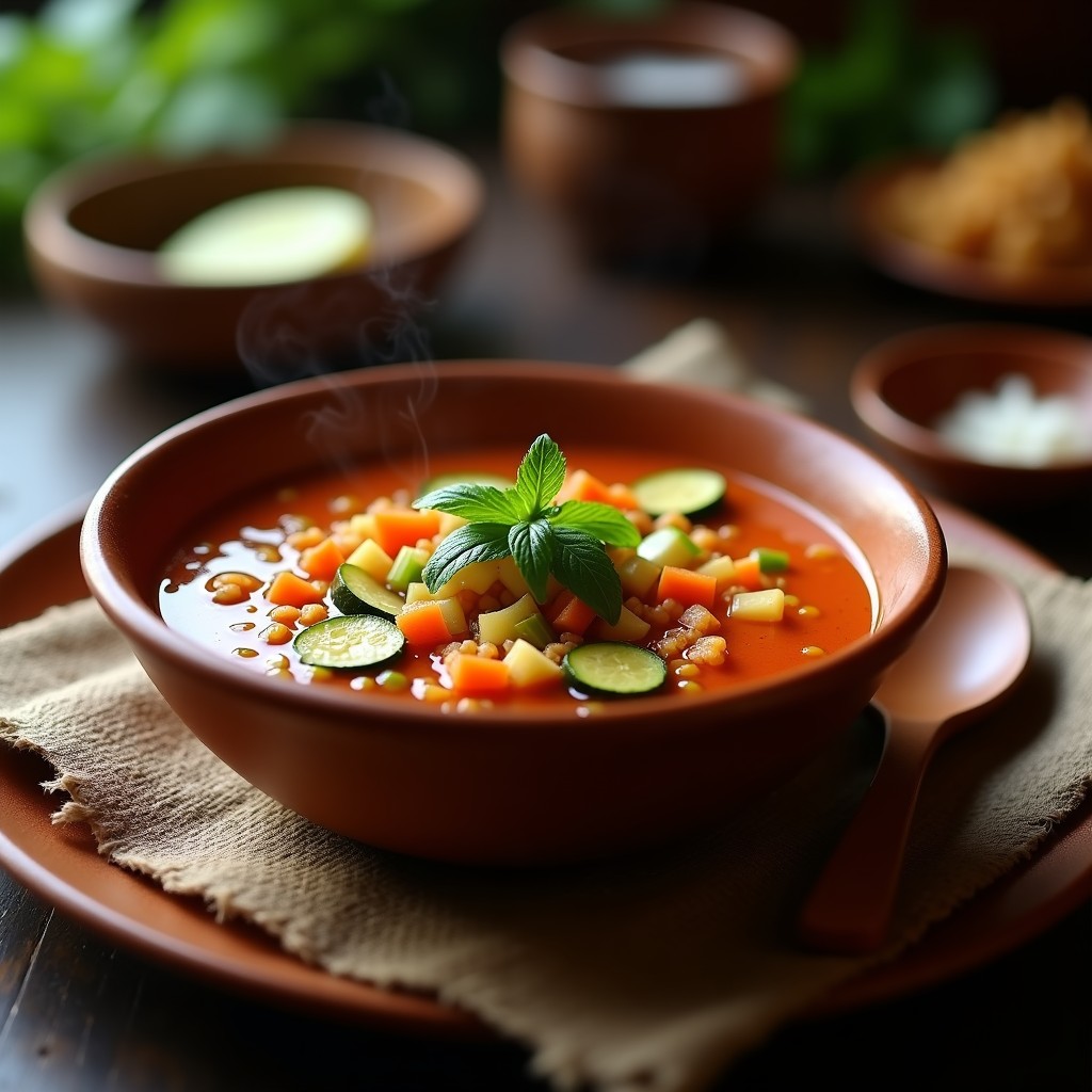 Sopa peruana de quinoa roja y calabacín en un bol de barro, con trozos de calabacín verde, quinoa visible y hojas de huacatay fresco como decoración. Plato humeante sobre fondo rústico de madera con una cucharón de madera.