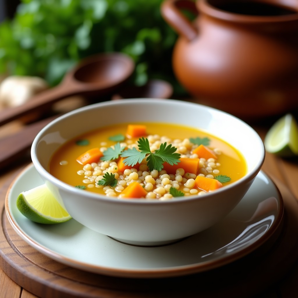 Plato hondo de cerámica blanca con sopa de quinoa y calabaza con jengibre, receta peruana detox en olla express. Visibles trozos de calabaza naranja, quinoa esponjosa, cilantro fresco picado y un toque de aceite de oliva. Fondos borrosos de cocina rústica con especias y limón verde.