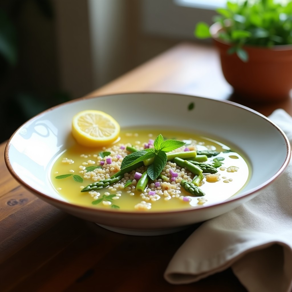 Plato hondo de cerámica blanca con sopa cremosa de quinoa y espárragos trigueros, decorada con perejil fresco, cilantro y semillas de sésamo tostado. Rodaja de limón al lado y fondo de mesa de madera rústica con servilleta de lino.
