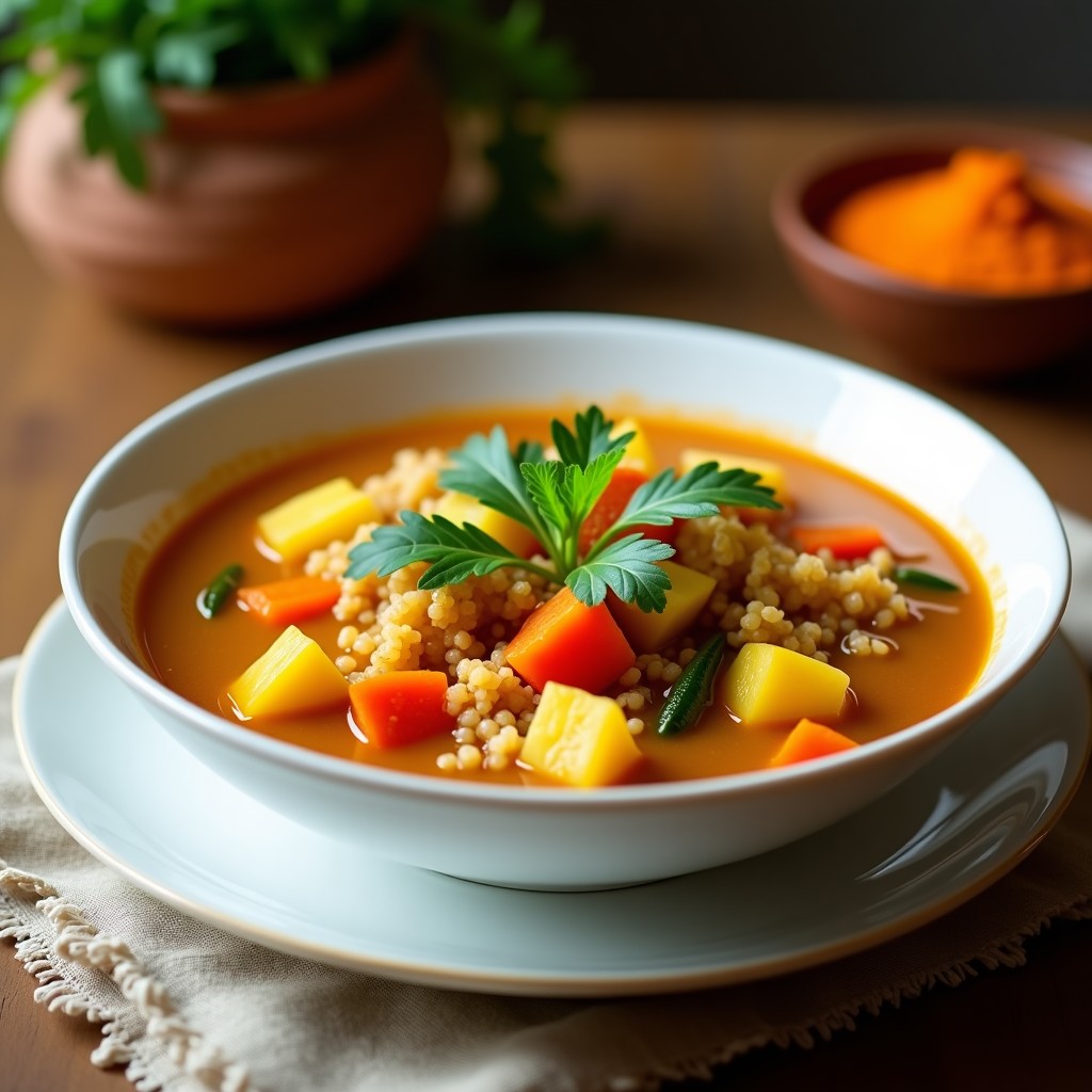 Plato hondo de cerámica blanca con sopa peruviana de quinoa y vegetales con ají amarillo, llena de trozos de zanahoria, papa amarilla, calabacín y pimiento rojo, decorada con cilantro fresco y un toque de jugo de limón, sobre un mantel rústico de lino.