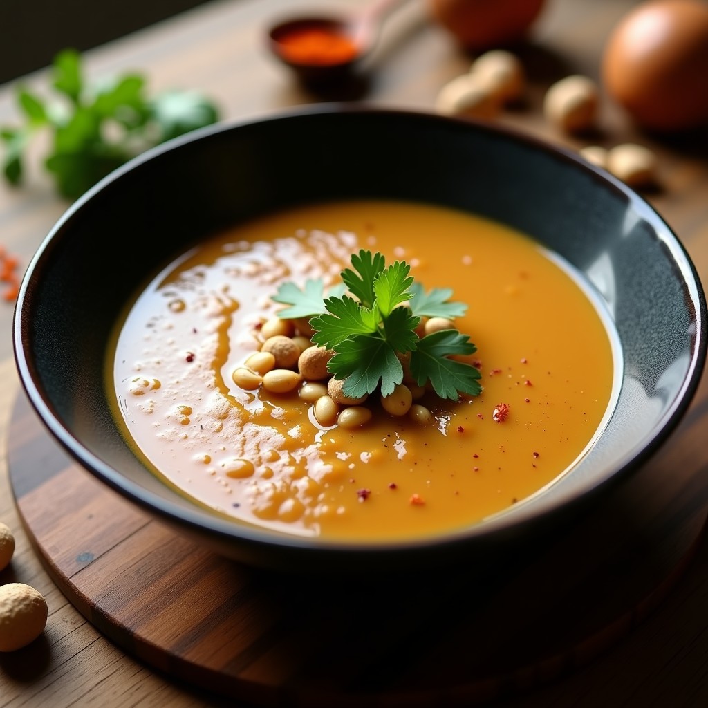 Plato hondo de cerámica negra con sopa cremosa de rábano africano y cacahuete, decorada con hojas de cilantro fresco y un chorrito de aceite de oliva. Fondo rústico con especias y un cuenco de cacahuetes tostados.