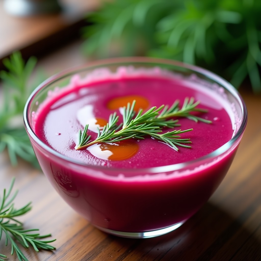 Cuenco transparente con sopa fría de remolacha y kéfir de color rosa intenso, decorada con hojas de eneldo fresco y un hilo de aceite de oliva. Plato servido sobre una mesa de madera con fondo borroso de hierbas verdes.