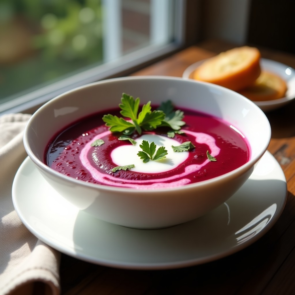 Cuenco blanco con sopa de remolacha y jengibre de color rojo intenso, coronada con yogur griego y cilantro fresco, sobre fondo de madera rústica.