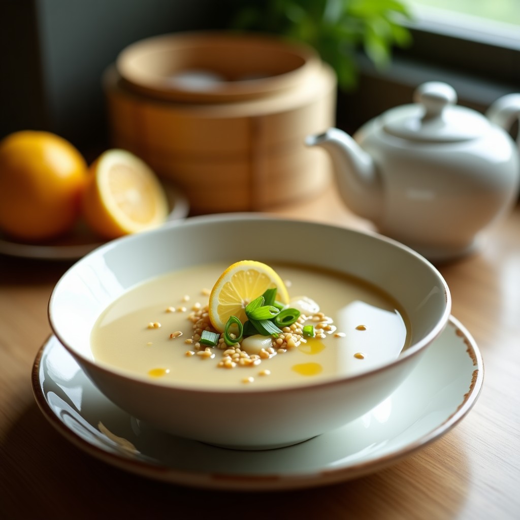 Cuenco de cerámica blanca con sopa cremosa de color beige claro, trozos de espárragos blancos, semillas de sésamo tostadas espolvoreadas y cebollino picado. Rodaja de yuzu al lado y fondo borroso de cocina japonesa.