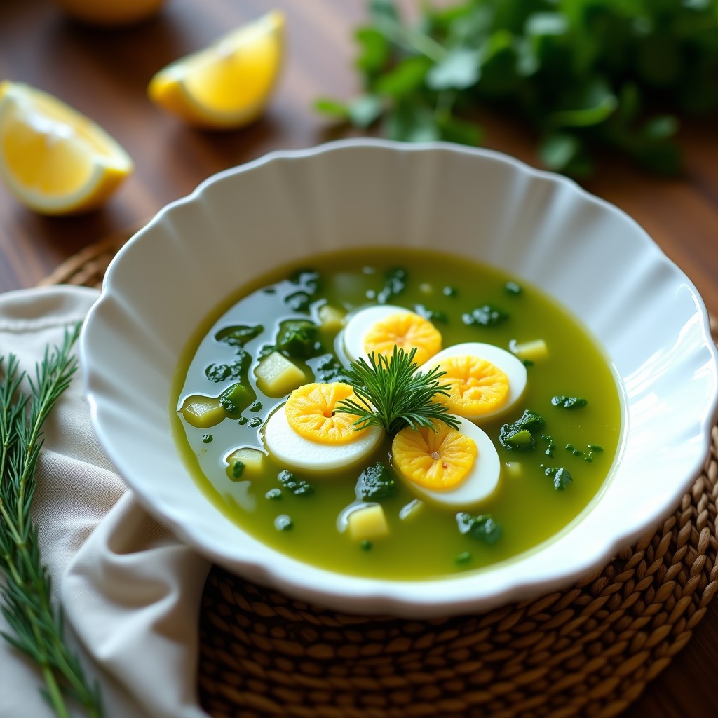 Cuenco de cerámica blanca con sopa de sorrel y patata de color verde claro, decorada con huevo duro en cuartos, eneldo fresco y una rodaja de limón al lado. Plato tradicional ruso servido en olla exprés.