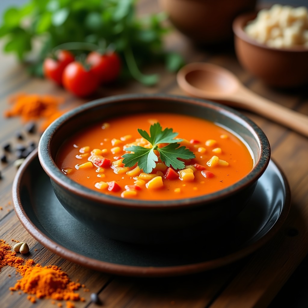 Cuenco de barro oscuro con sopa espesa de lentejas rojas y tamarindo, de color dorado intenso, decorada con cilantro fresco verde y semillas de comino. Al fondo, hojas de curry y una cucharada de pasta de tamarindo sobre una mesa de madera rústica. Receta indú de sopa de tamarindo y lentejas rojas en olla exprés.