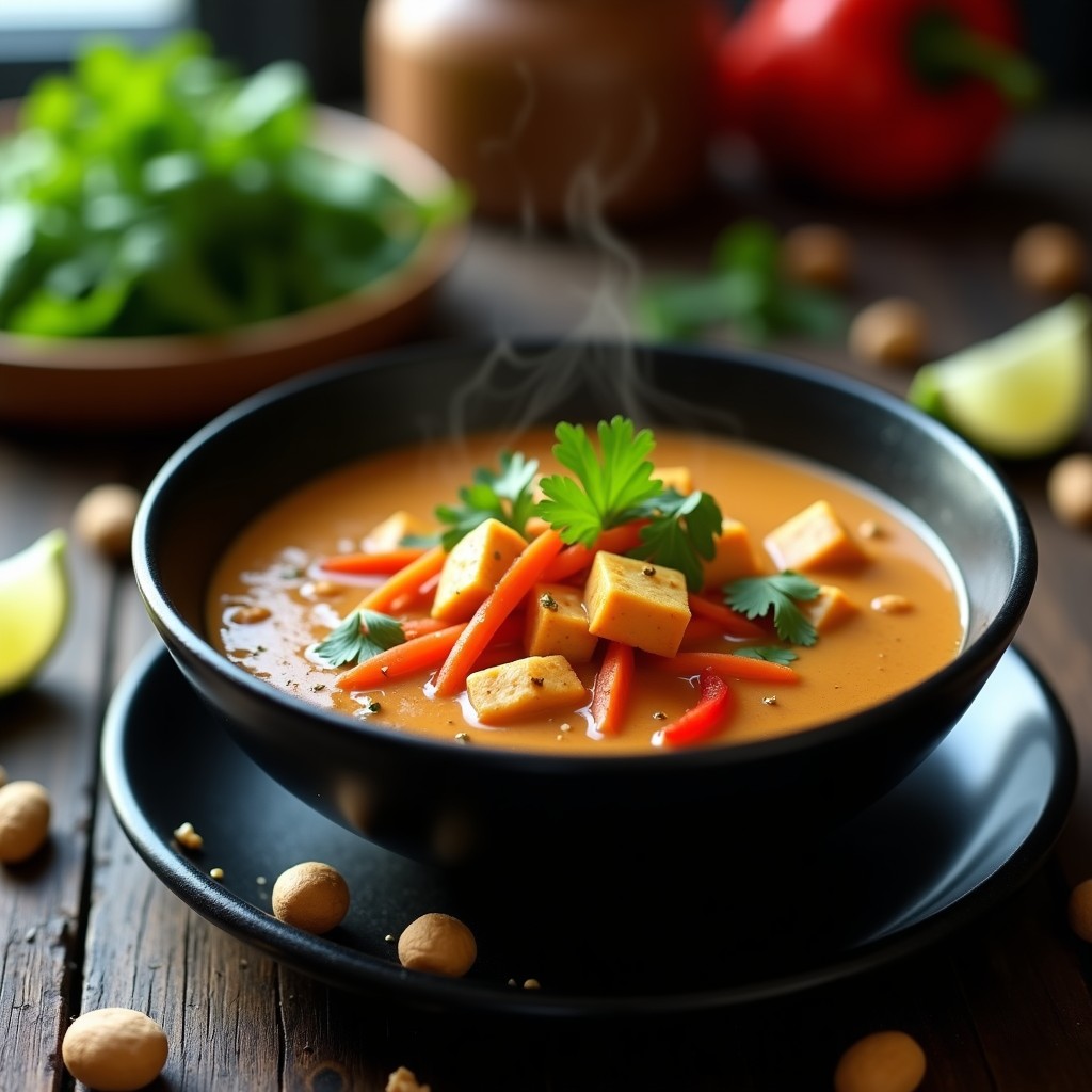 Cuenco hondo de cerámica negra con sopa tailandesa de cacahuete cremosa, trozos de tofu, zanahoria y pimiento rojo, decorada con cilantro fresco y un hilo de aceite de sésamo, servida sobre mesa de madera rústica.