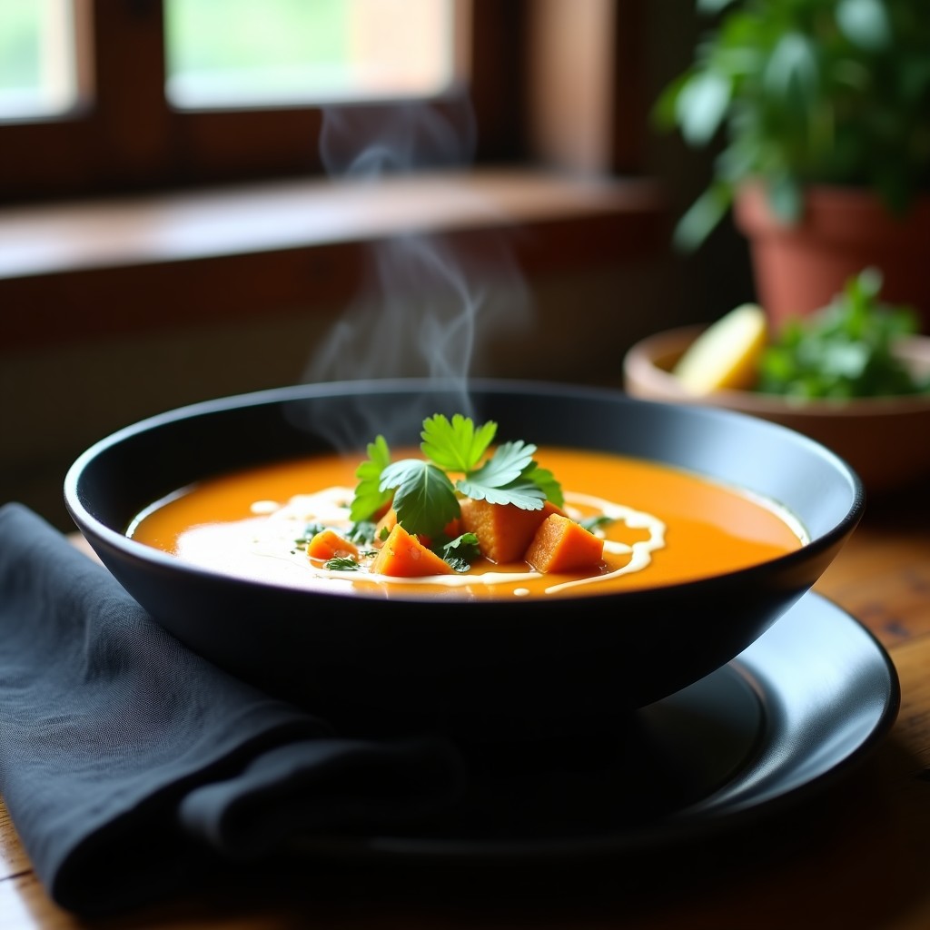 Cuenco de cerámica negra con sopa tailandesa de cacahuete y calabaza asada, decorada con cilantro fresco y un hilo de leche de coco, sobre fondo de madera rústica.