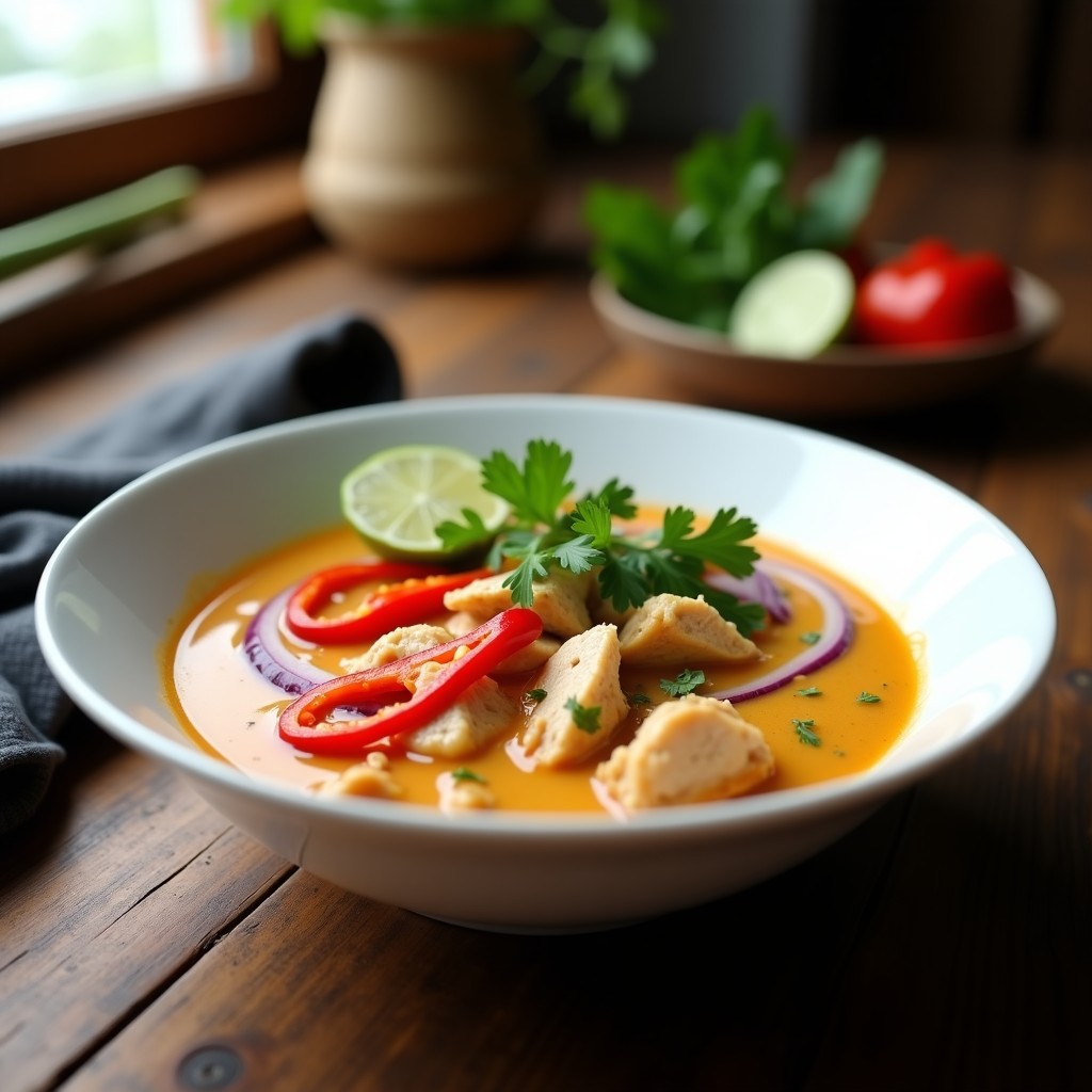 Cuenco hondo de cerámica blanca con sopa Thai de cacahuete y pollo, decorada con cilantro fresco, rodajas de lima y chile rojo, sobre fondo de madera rústica.