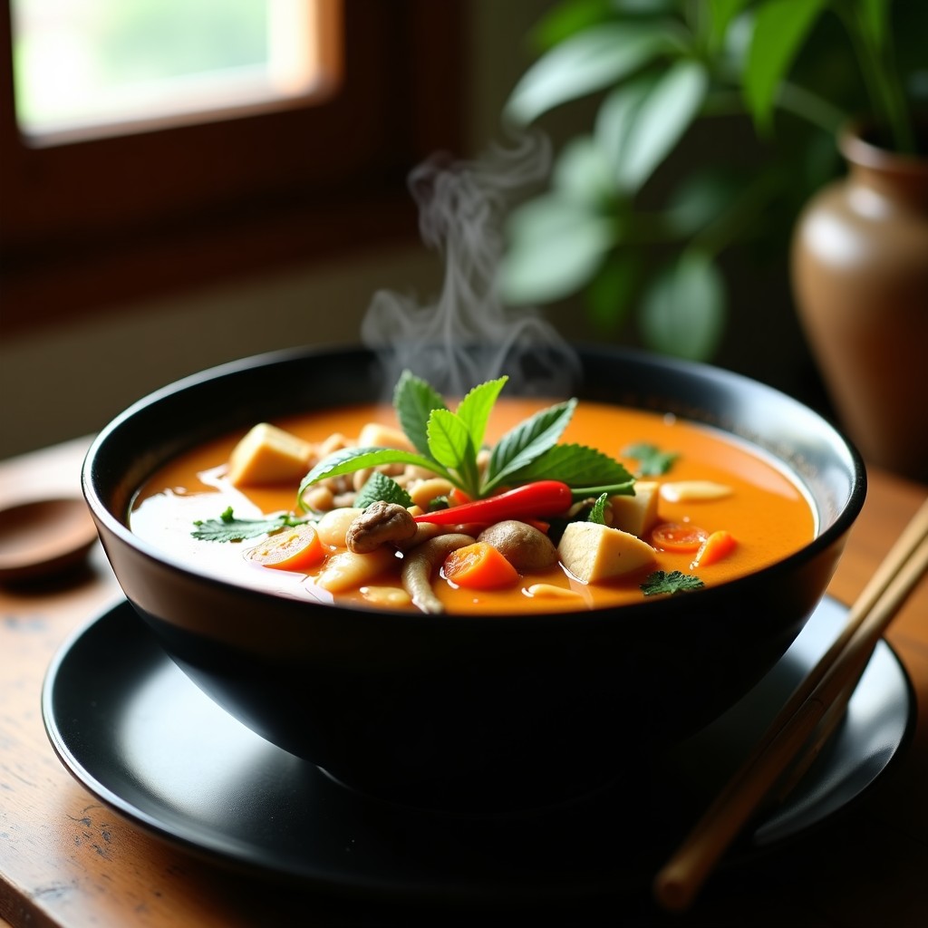 Cuenco negro de cerámica con sopa thai de cacahuete vegana, cremosa y dorada, decorada con hojas de hierbabuena y rodajas de chile rojo. Fondo de mesa de madera rústica con cucharón de bambú.