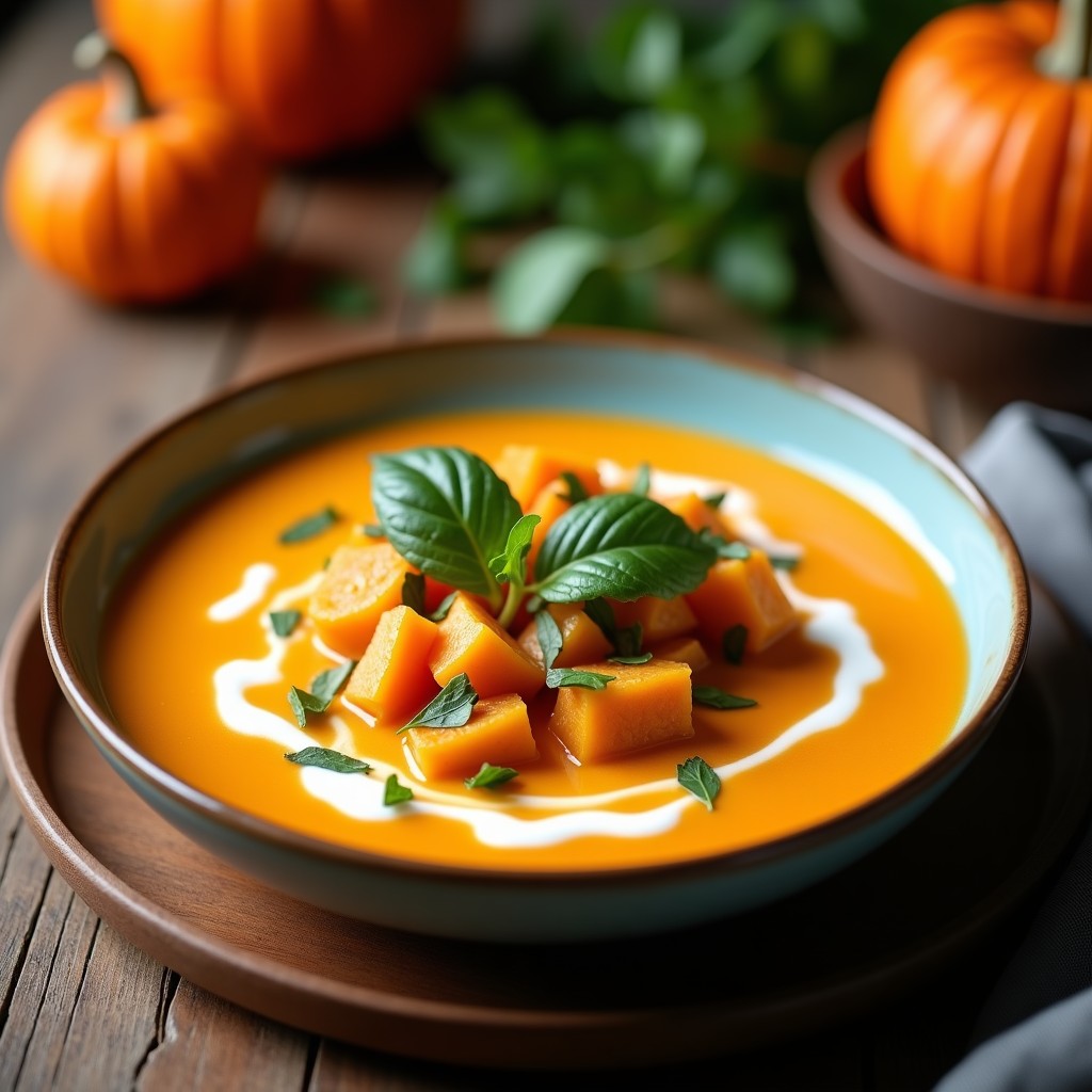 Cuenco hondo de cerámica blanca con sopa tailandesa de calabaza y leche de coco, decorada con rodajas de chile rojo y hojas de cilantro fresco, receta airfryer.