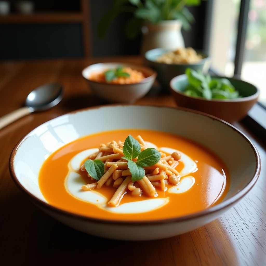 Cuenco hondo de cerámica blanca con sopa thai de coco y cacahuete, espolvoreada con cilantro fresco y cacahuetes tostados, acompañada de una rodaja de lima.