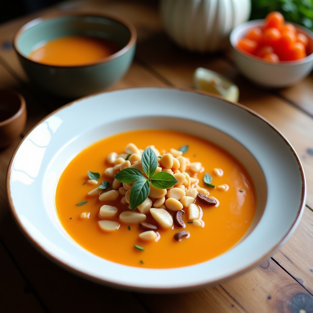 Bowl hondo de cerámica blanca con sopa tailandesa de coco y cacahuete, decorada con cilantro fresco, rodajas de chile rojo y un hilo de aceite de sésamo. Fondo oscuro con utensilios de madera.