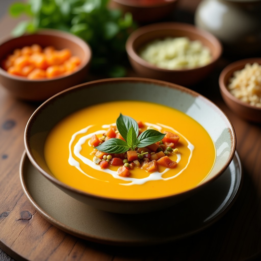 Cuenco hondo de cerámica negra con sopa tailandesa de coco y cúrcuma, cremosa y dorada, con trozos de tofu, zanahoria, pimiento y cilantro fresco. Fondos de hojas de cilantro y rodajas de limón como decoración.