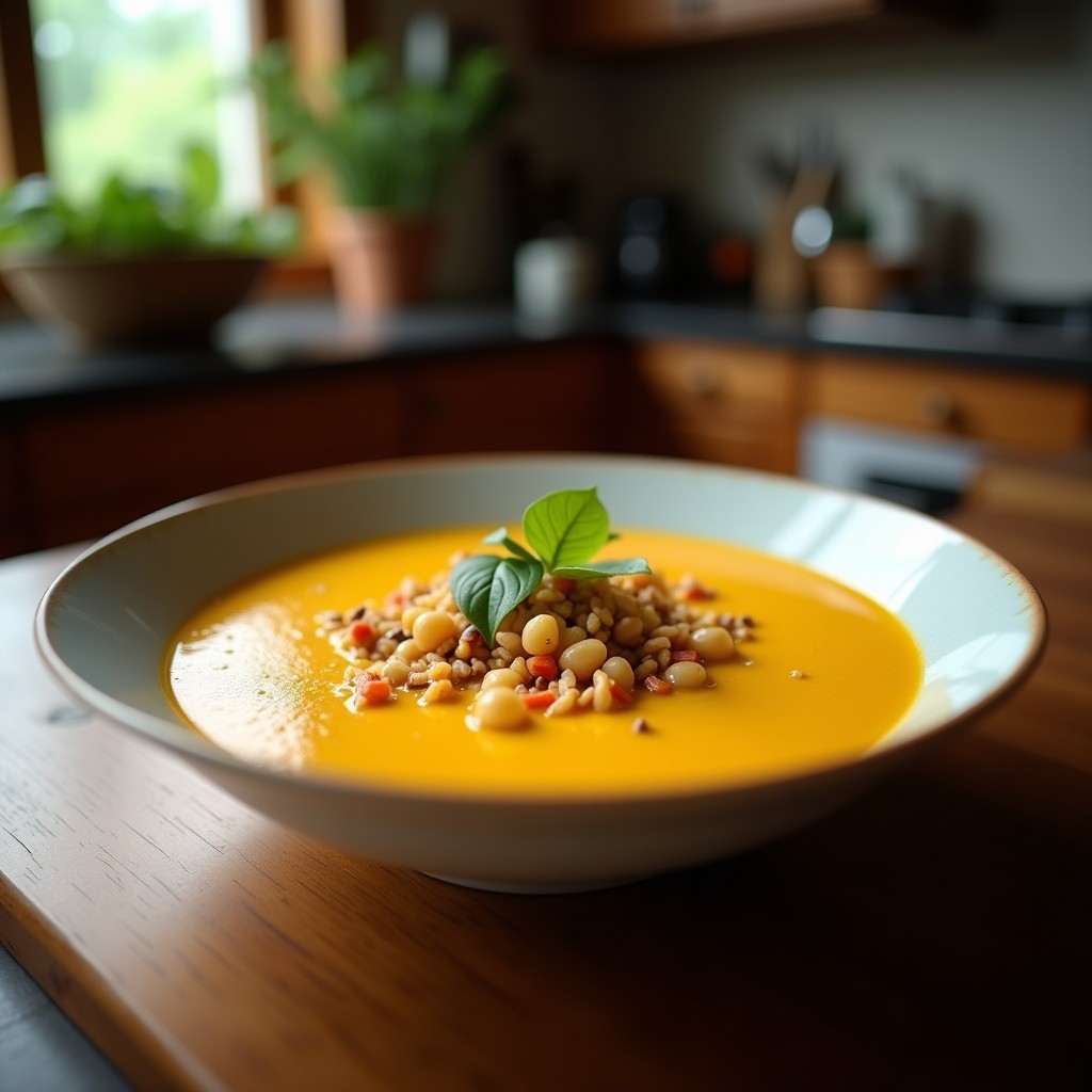 Cuenco hondo de cerámica blanca con sopa thai de coco y cúrcuma vegana, decorada con cilantro fresco, rodajas de chile rojo y hojas de albahaca. Fondos de ingredientes como jengibre, limón y tofu alrededor.