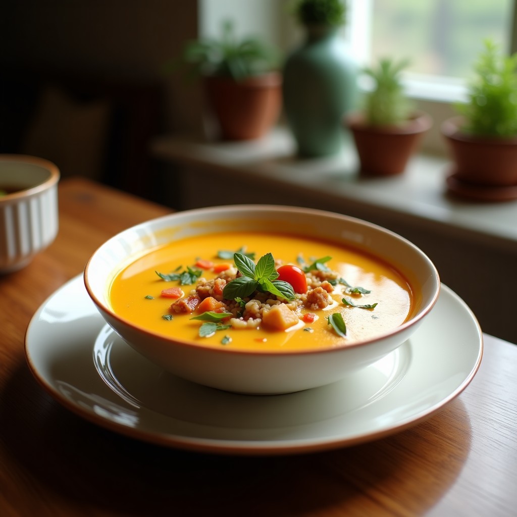 Cuenco hondo de cerámica blanca con sopa tailandesa de coco y curry rojo, tofu dorado, champiñones shiitake y decoración de cilantro fresco y cacahuetes tostados, servida con cuchara de madera.