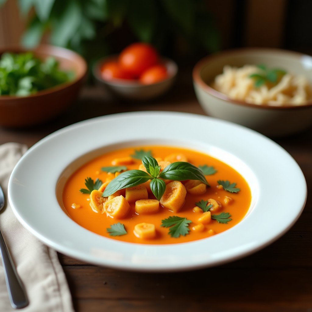 Tazón negro de cerámica con sopa tailandesa de coco y curry vegana, cremosa y colorida, con trozos de tofu, champiñones y pimiento rojo, decorada con cilantro fresco y rodajas de lima sobre fondo de madera oscura.