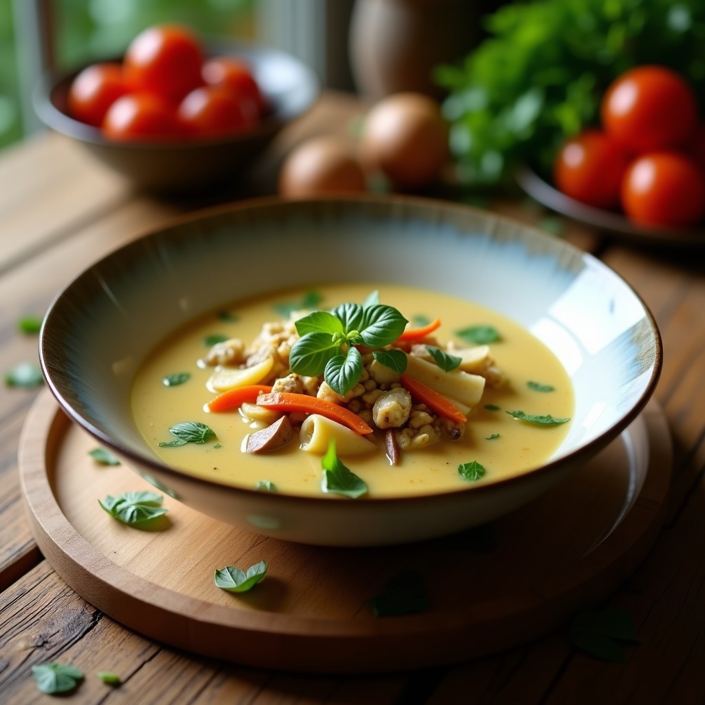 Cuenco de sopa thai de coco y curry verde en olla express, con trozos de tofu, champiñones shiitake y decoración de cilantro fresco y rodajas de chile rojo sobre fondo oscuro.
